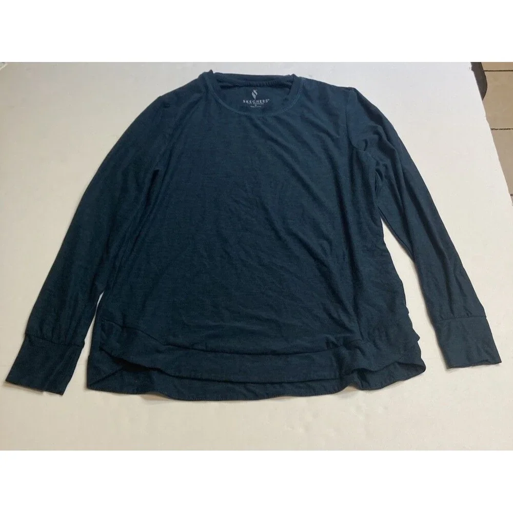Skechers Women's Blue Crew Neck Long Sleeve Polyester Knit Tee Lightweight S